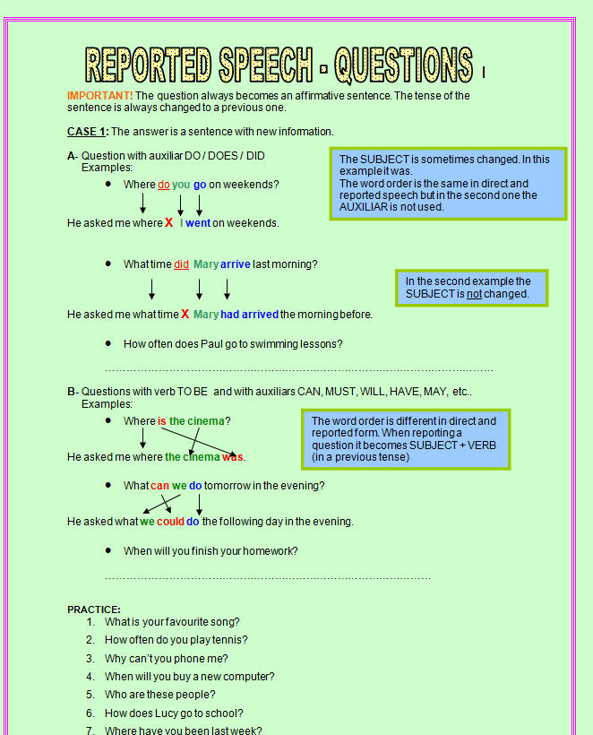 reported speech questions exercises pdf