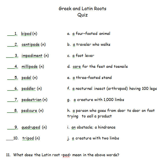 The Greek or Latin Roots for -ped- Quiz.