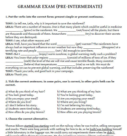 Grammar Exam Sheet: Pre-Intermediate (adult learners)