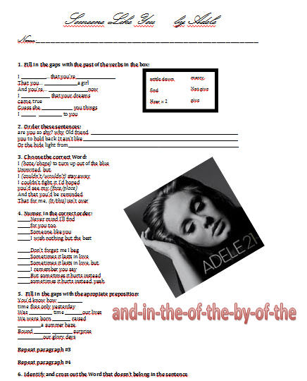 Song Worksheet Someone Like You By Adele