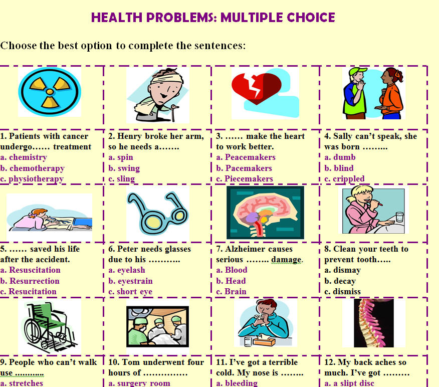 health problems multiple choice worksheet