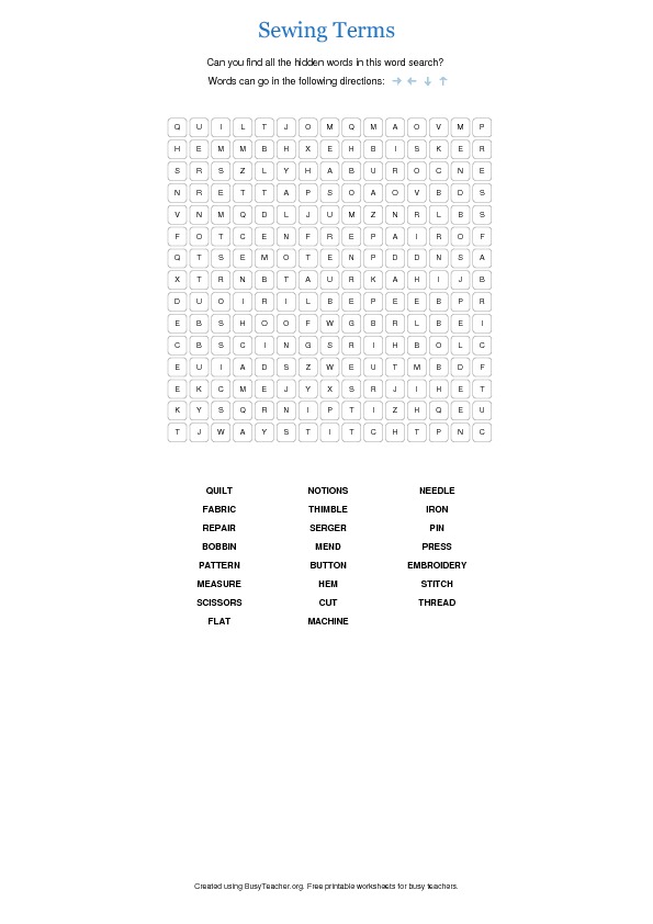 Sewing Terms Word Search Puzzle