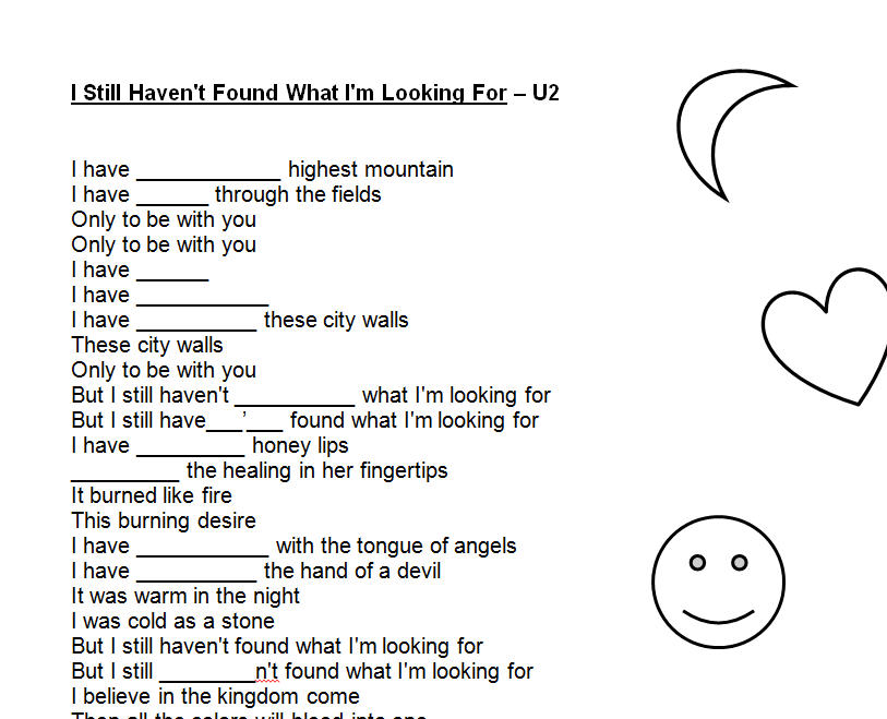 Song Worksheet: I Still Haven't Found What I'm Looking For ...