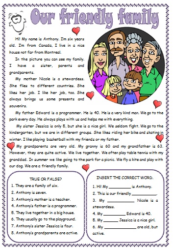 esl members family worksheet (Reading Friendly Family Comprehension) Our