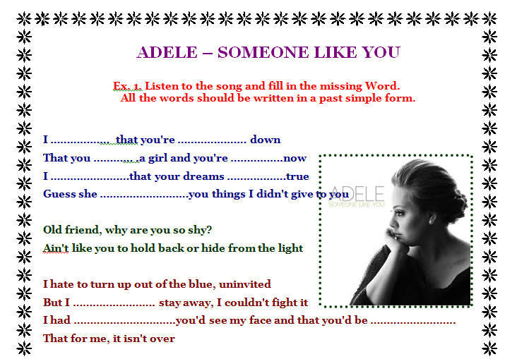 Song Worksheet Someone Like You By Adele Alternative