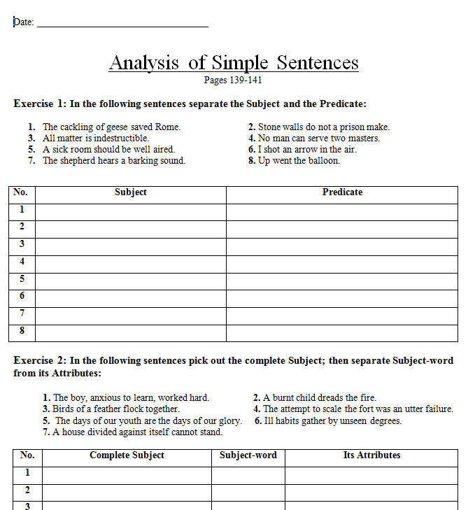 Easy Sentence Analysis Worksheets