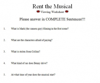 Rent [The Musical] Viewing Worksheet