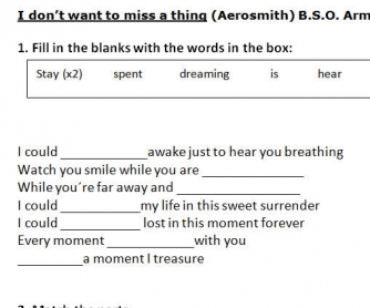 Song Worksheet: I Don't Wanna Miss A Thing by Aerosmith