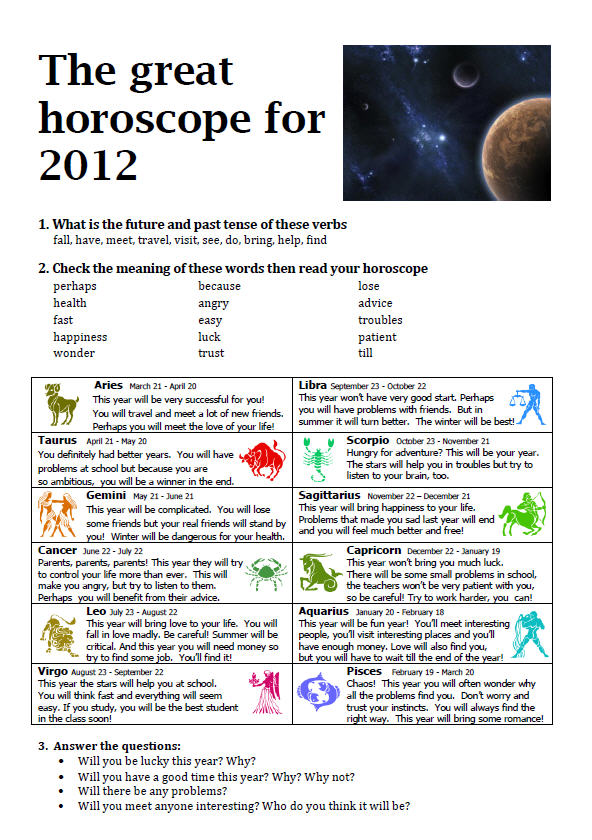 English Horoscope Worksheet