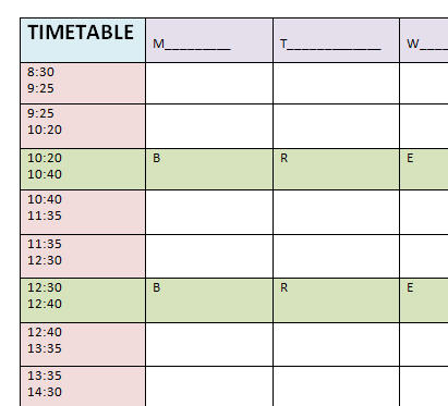 blank time table chart printable