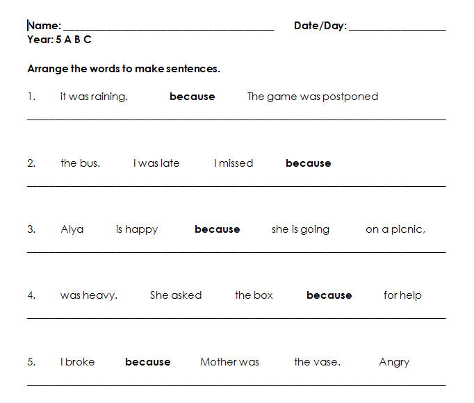 Sentences Using Because Worksheets