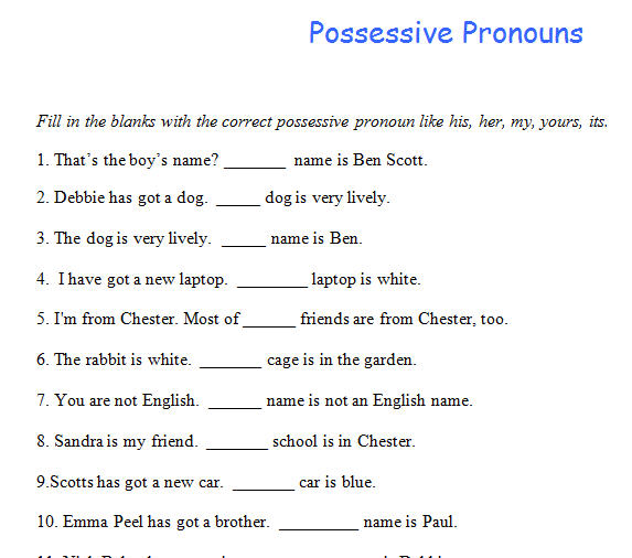 Worksheet On Possessive Pronouns And Adjectives
