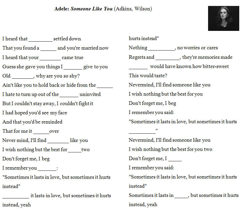 Song Worksheet Someone Like You By Adele Alternative Ii