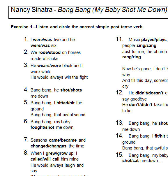 Song Worksheet Bang Bang By Nancy Sinatra