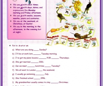 Prepositions of Time Elementary Worksheet