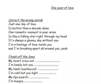 Song Worksheet: One Year of Love by Stevie Ann