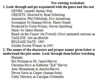 Movie Worksheet: Casper (pre-viewing, comprehension check, test, creative writing)