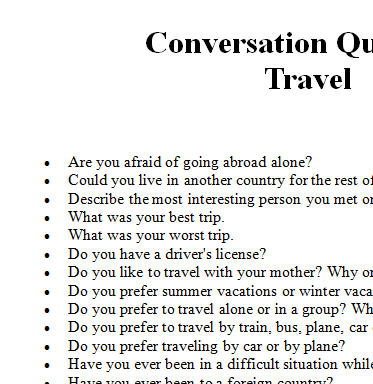 travel conversation questions esl