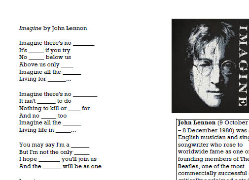 a-z worksheet blank Song by Worksheet: Imagine John Lennon