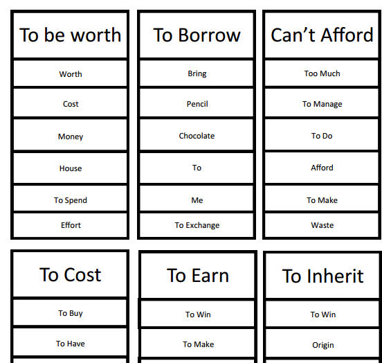 business printable card worksheet Vocabulary Game Money with Taboo