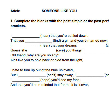 Song Worksheet Someone Like You By Adele Alternative Iv