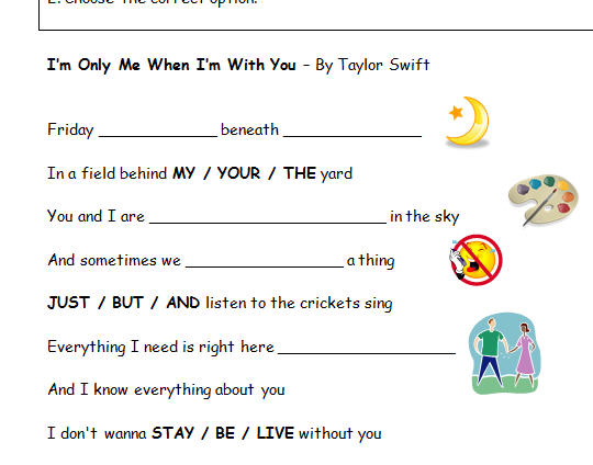 Song Worksheet I M Only Me When I M With You By Tailor Swift