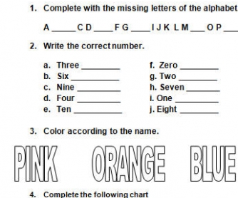 Basic Review Worksheet: Colors, Shapes, Body Parts, Numbers, ABC