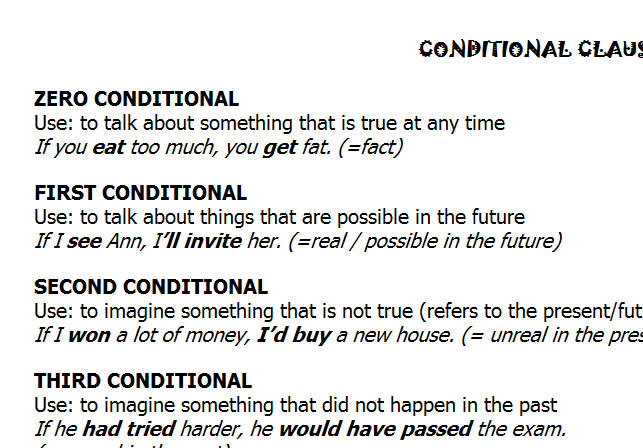 zero and first english exercises conditional (Summary) Conditional Clauses