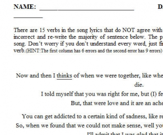 Song Worksheet: Somebody That I Used to Know by Walk Off the Earth [Subject/Verb Agreement]