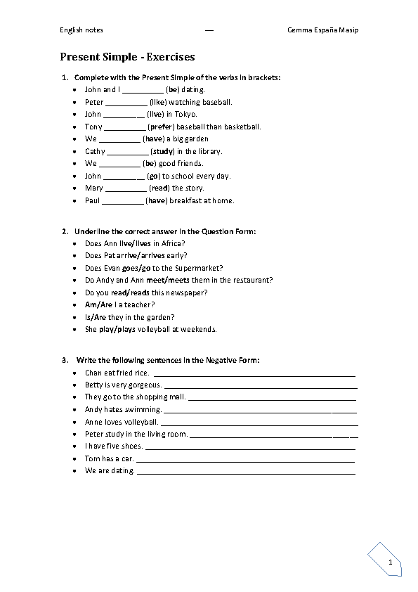 for english beginners worksheet Present Exercises Simple