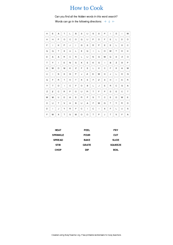 Cooking Verbs Word Search