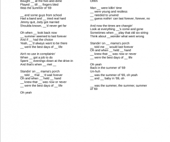 Song Worksheet: Summer of 69 by Bryan Adams