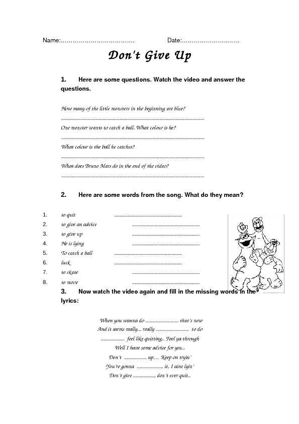 Song Worksheet: Don't Give Up by Bruno Mars
