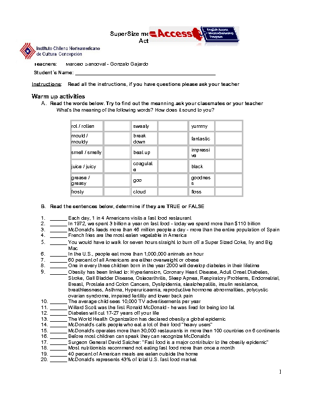 Super Size Me Worksheet Answers Ivuyteq