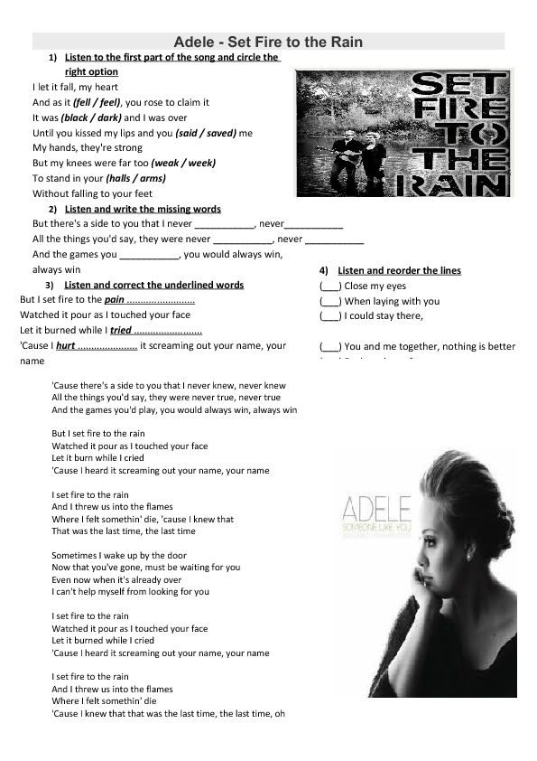 Song Worksheet: Set Fire to the Rain by Adele.