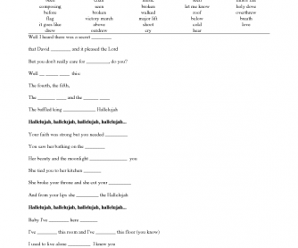 Song Worksheet Hallelujah By Leonard Cohen Jeff Buckley Lyrics