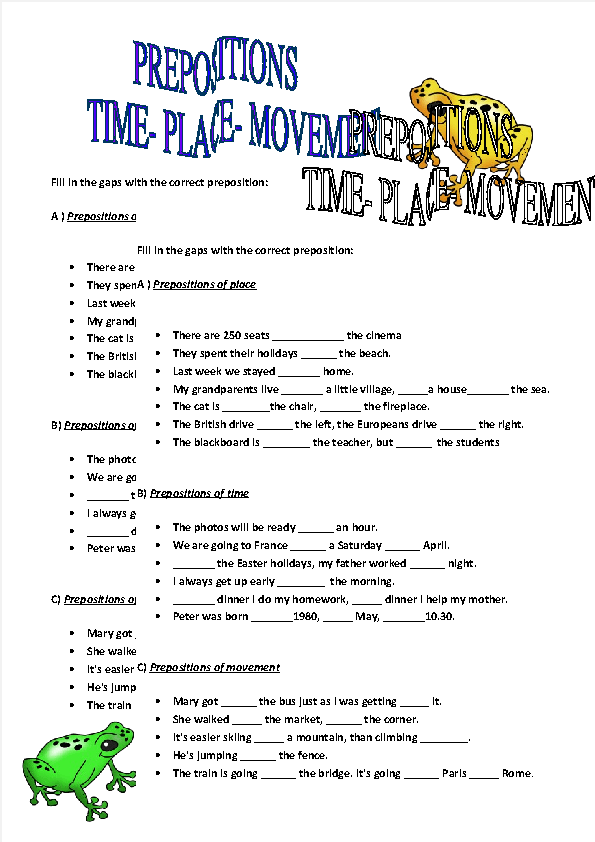 Prepositions Of Time Place And Movement Worksheet