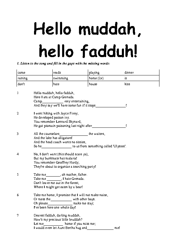 Song Worksheet Camp Granada By Allan Sherman