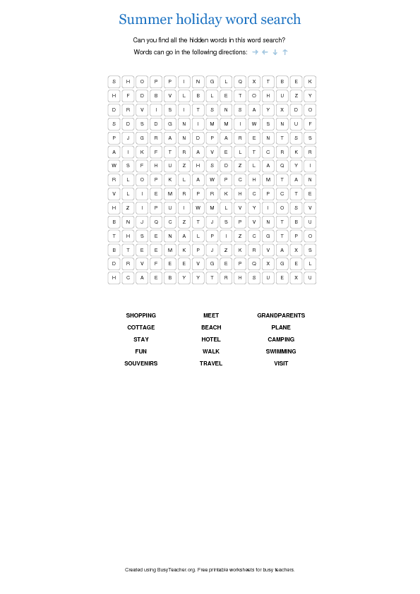 Summer Holiday Word Search