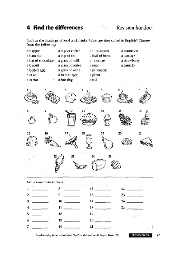 vocabulary worksheet food and drinks