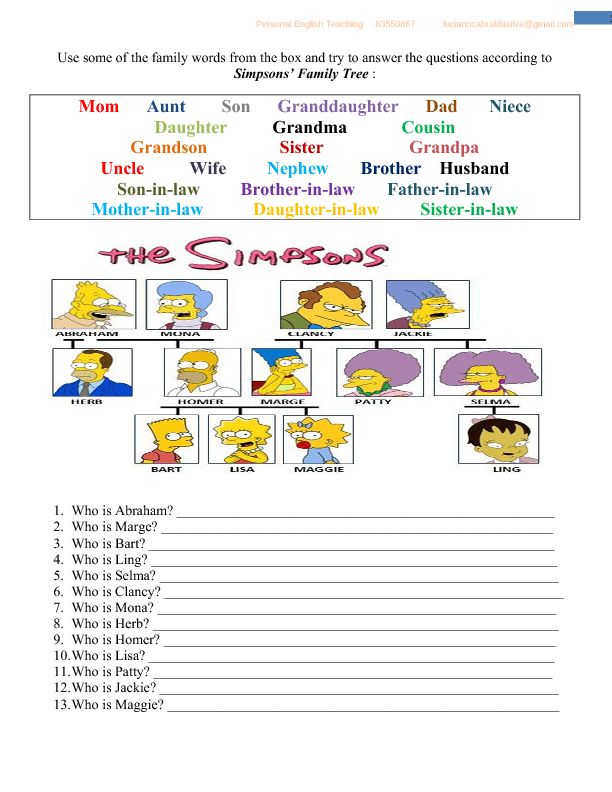 Family Tree The Simpsons Esl Worksheet By Rody F8A