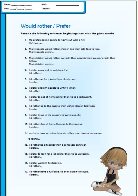 Rather me перевод. Would rather would prefer упражнения. Упражнения на would rather и prefer. Prefer would prefer would rather упражнения. I would rather i would prefer упражнения.