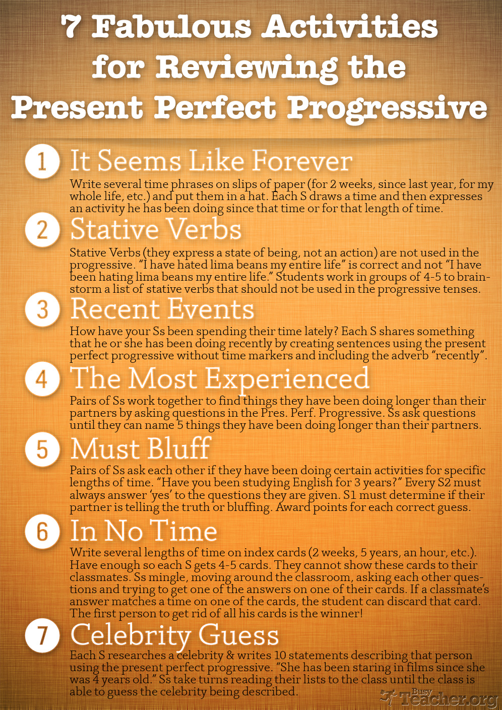 7 Fabulous Activities to Review the Present Perfect Progressive: Poster