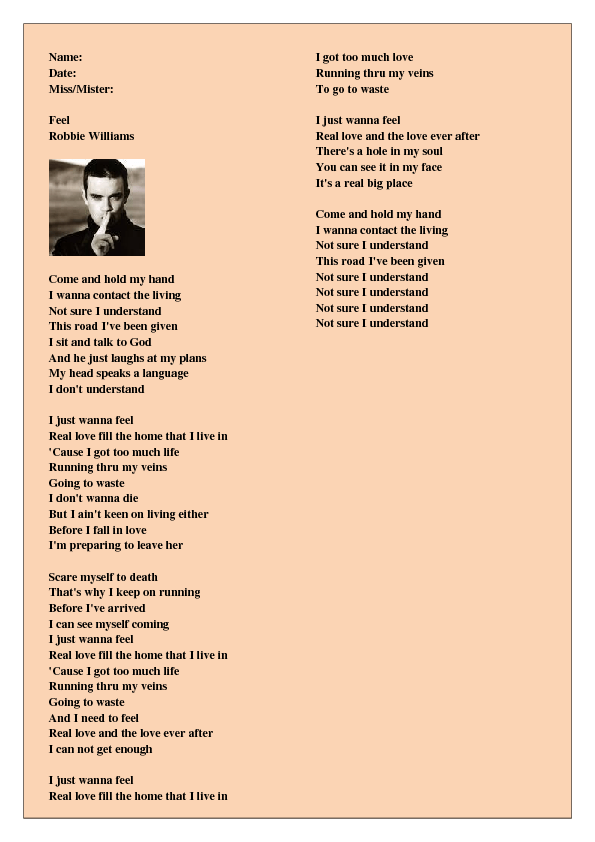 Song Worksheet Feel By Robbie Williams