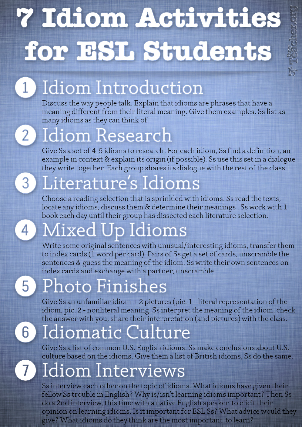7 Idiom Activities for ESL Students: Poster