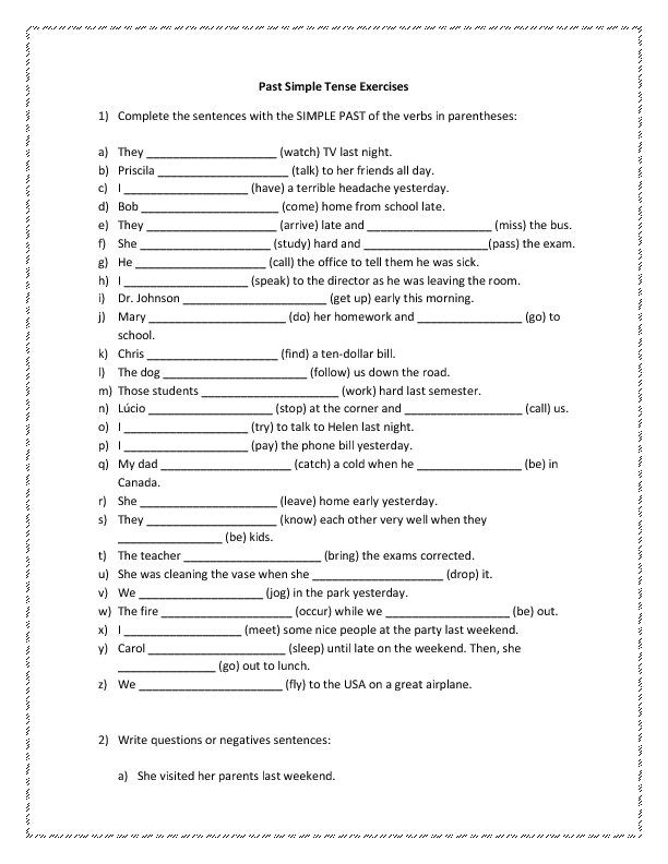 Simple Past Tense Exercises Free Worksheets