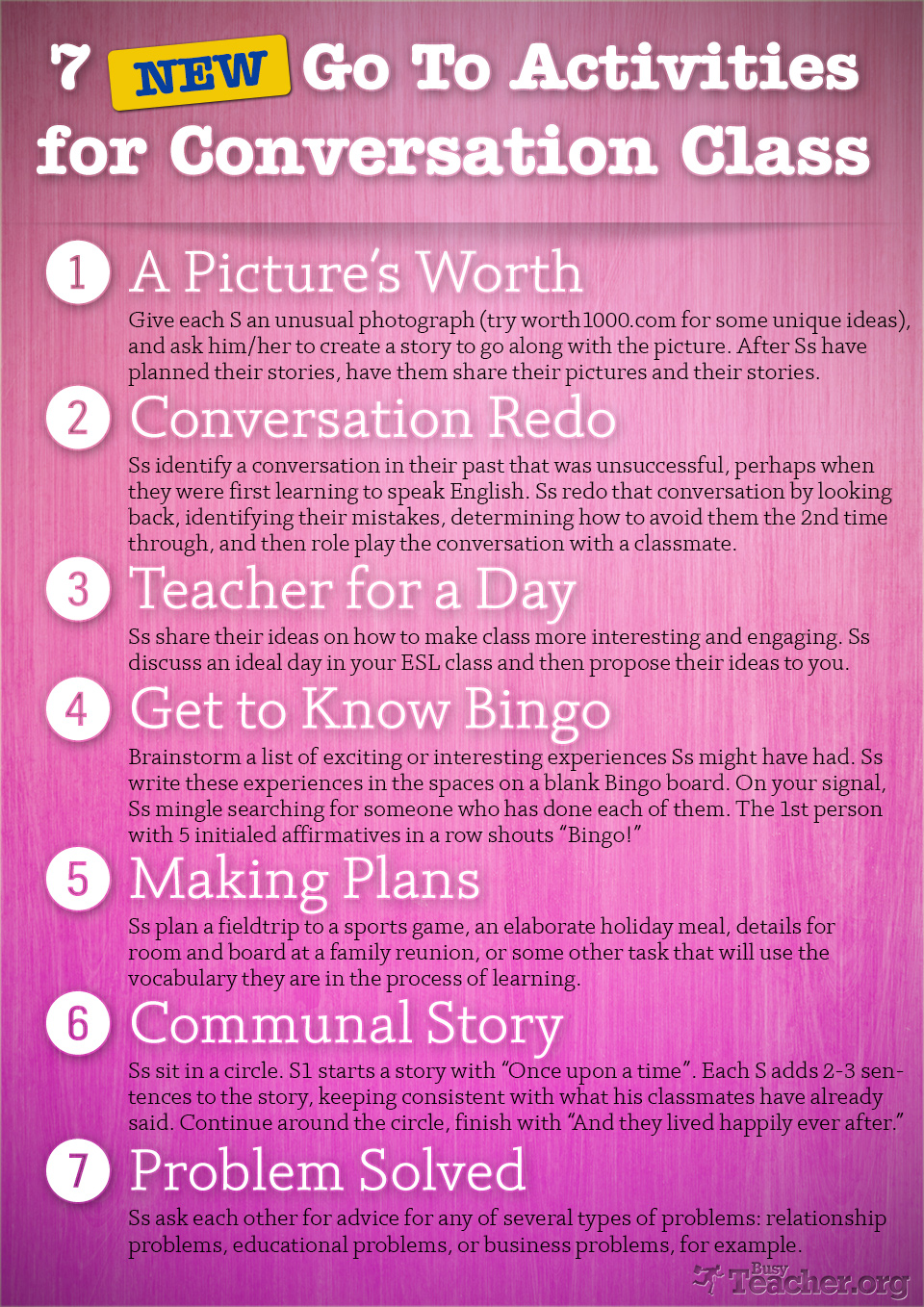 POSTER: 7 New Go To Activities for Conversation Class