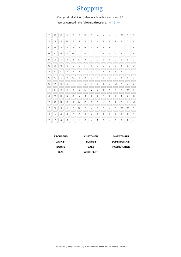 Shopping Wordsearch