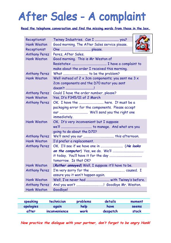 english grade exercise 8th Dialogue (2) Sales    Complaint  After A