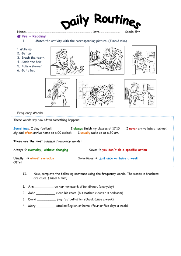 vocabulary year 6 worksheets Routines Daily